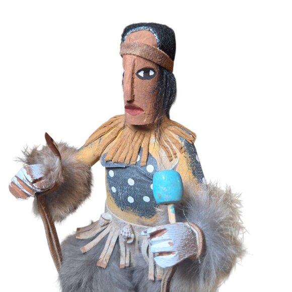 Kachina Doll Buffalo Mask RB Vintage Native Folk Art Indian Fur Wood 12 Inch - Picture 8 of 13